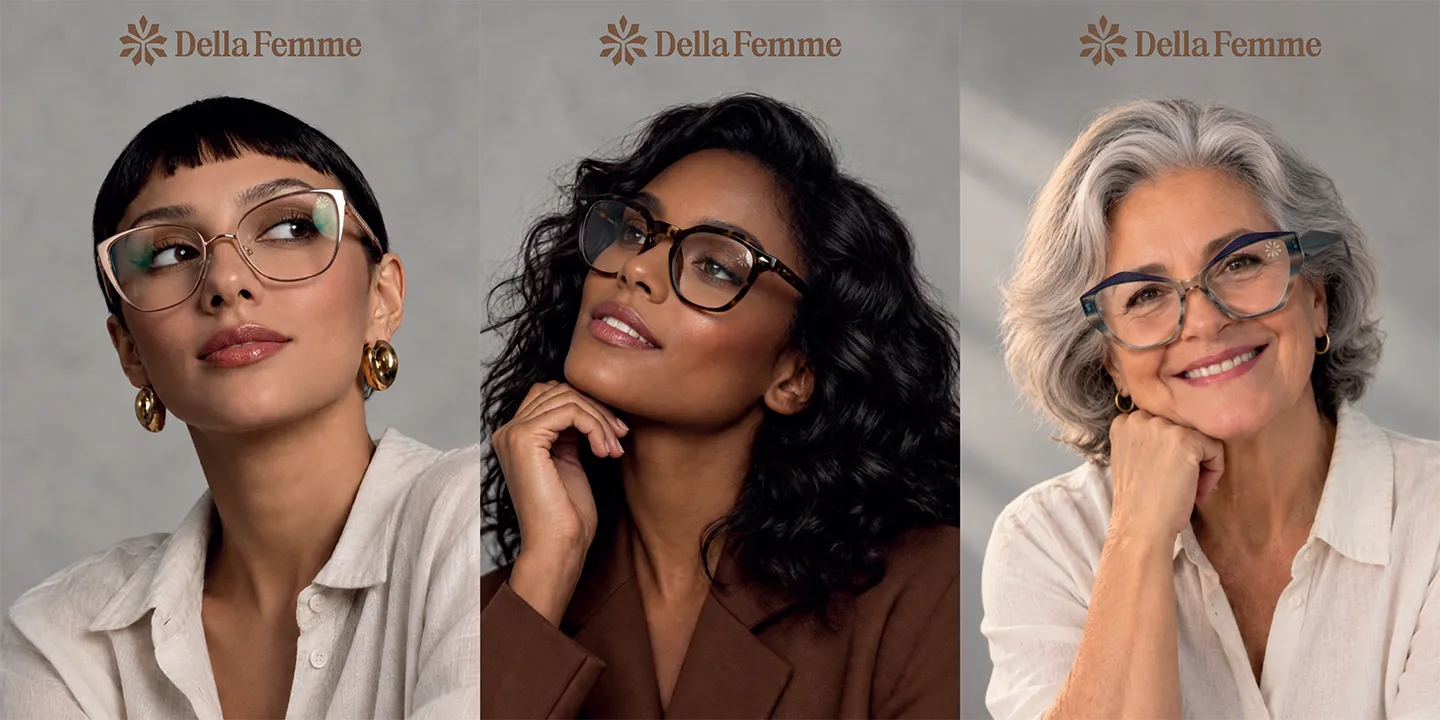 Três mulheres apresentando armações da linha Della Femme